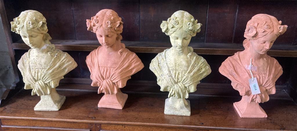 Two pairs of terracotta and reconstituted stone busts of ladies (4), height 46cm